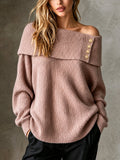 Chic Elegant Pink Off-The-Shouler Long-Sleeve Decorative Button Loose-Fit Wool Blend Ribbed Knit Sweater