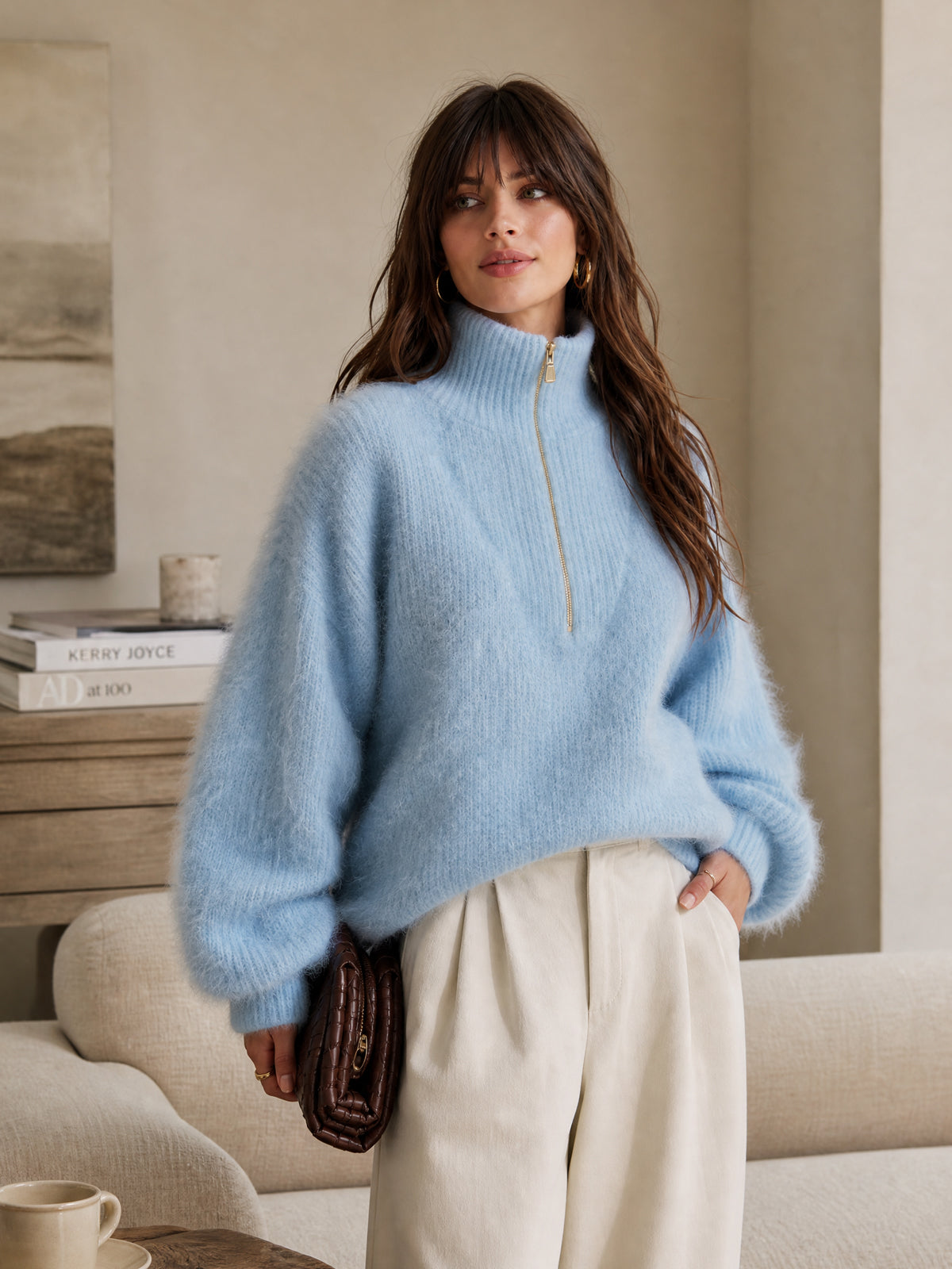 Chic Elegant Blue Zipper-Up Turtleneck Dropped-Shoulder Long-Lantern-Sleeve Loose-Fit Mohair Blend Knit Sweater
