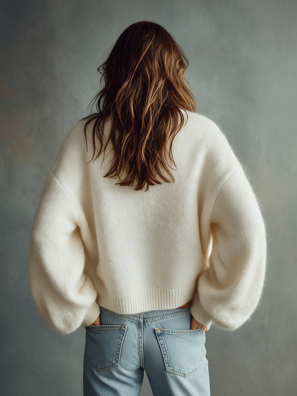 Chic Elegant Cream White Round-Neck Long-Lantern-Sleeve Single-Breasted Loose-Fit Mohair Blend Knit Cardigan Top