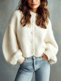 Chic Elegant Cream White Round-Neck Long-Lantern-Sleeve Single-Breasted Loose-Fit Mohair Blend Knit Cardigan Top