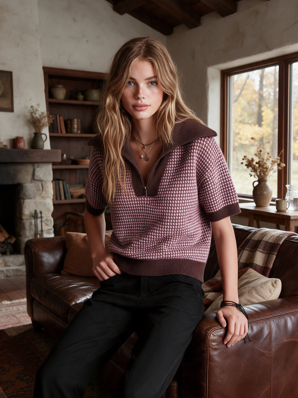 Chic Elegant Brown-Pink Colorblock Zipper-Up Lapel Collar Short-Sleeve Loose-Fit Wool Blend Knit Sweater