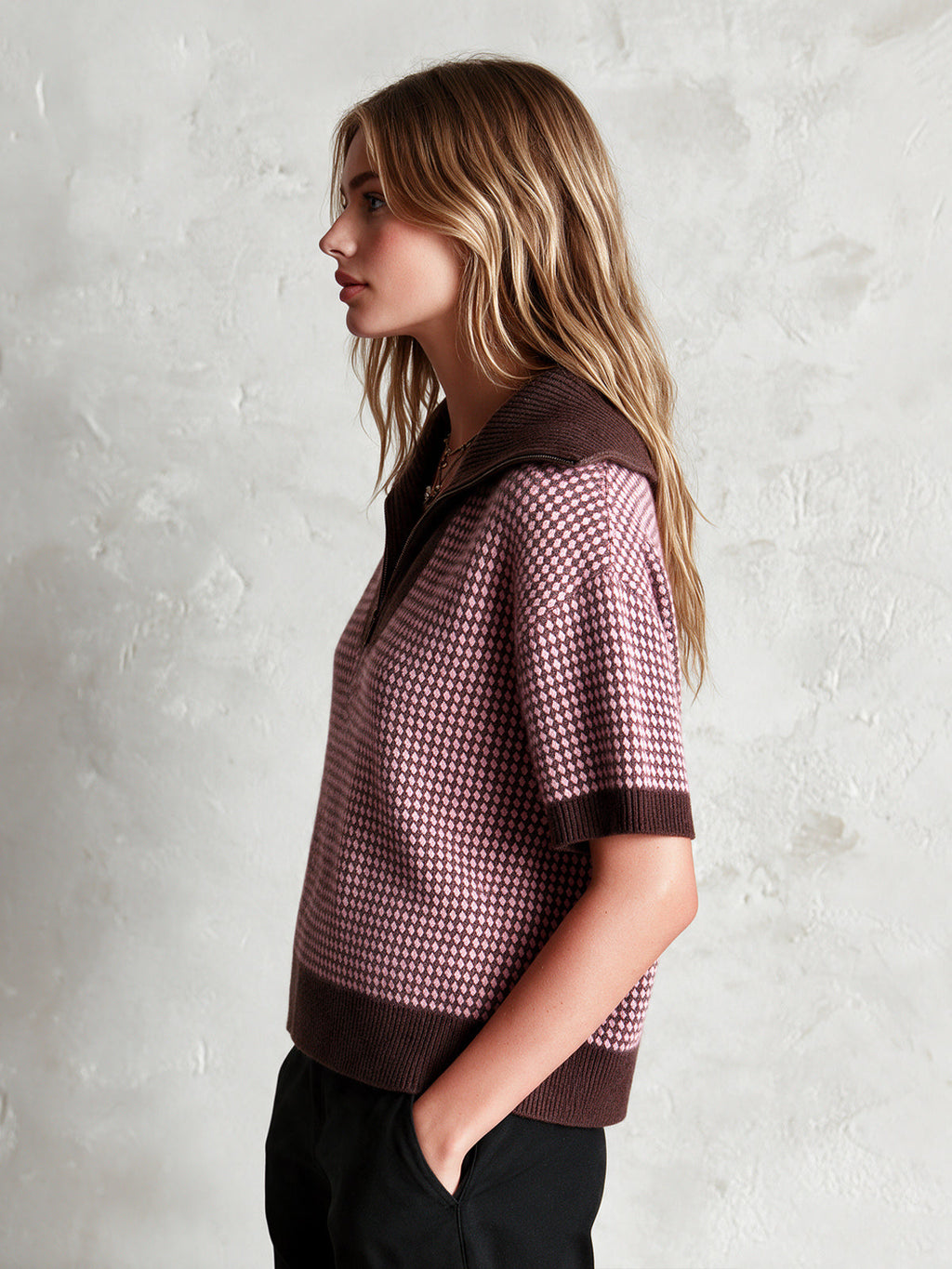 Chic Elegant Brown-Pink Colorblock Zipper-Up Lapel Collar Short-Sleeve Loose-Fit Wool Blend Knit Sweater