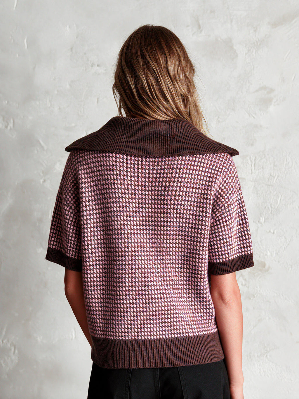 Chic Elegant Brown-Pink Colorblock Zipper-Up Lapel Collar Short-Sleeve Loose-Fit Wool Blend Knit Sweater