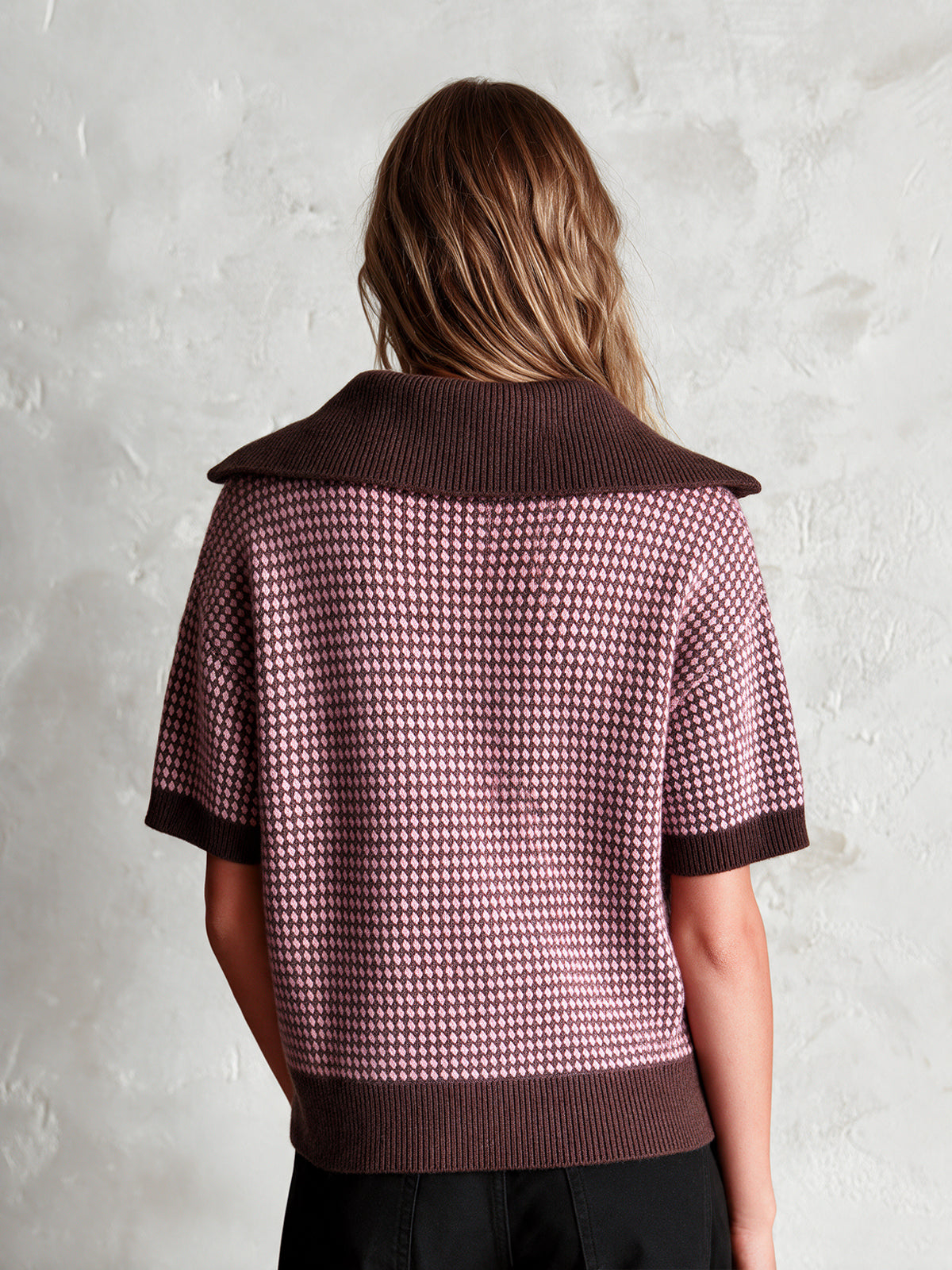 Chic Elegant Brown-Pink Colorblock Zipper-Up Lapel Collar Short-Sleeve Loose-Fit Wool Blend Knit Sweater