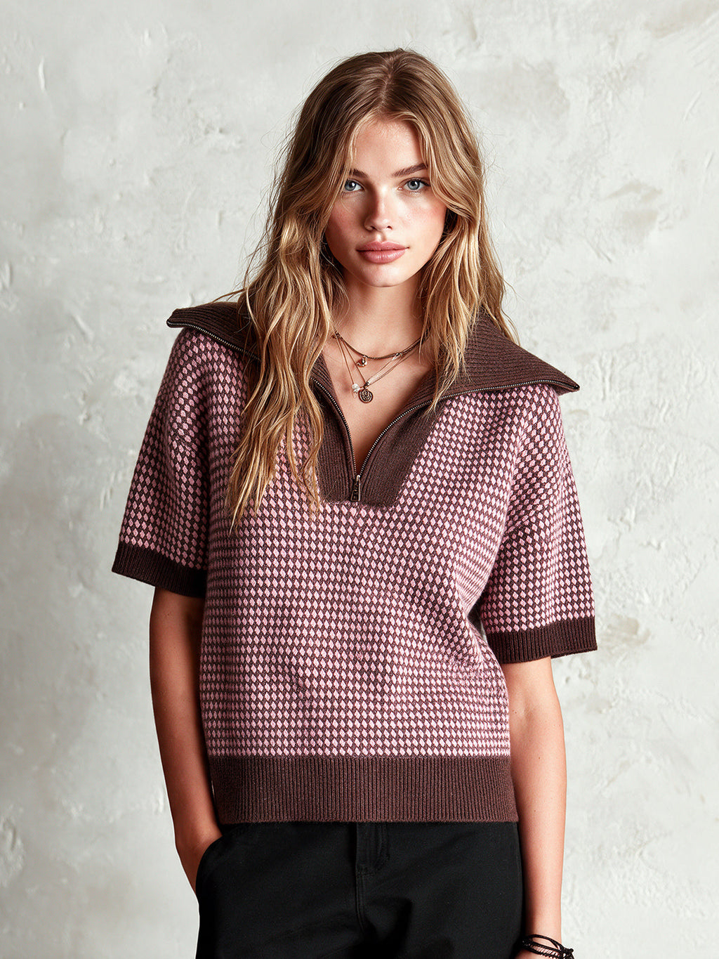Chic Elegant Brown-Pink Colorblock Zipper-Up Lapel Collar Short-Sleeve Loose-Fit Wool Blend Knit Sweater