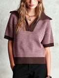 Chic Elegant Brown-Pink Colorblock Zipper-Up Lapel Collar Short-Sleeve Loose-Fit Wool Blend Knit Sweater