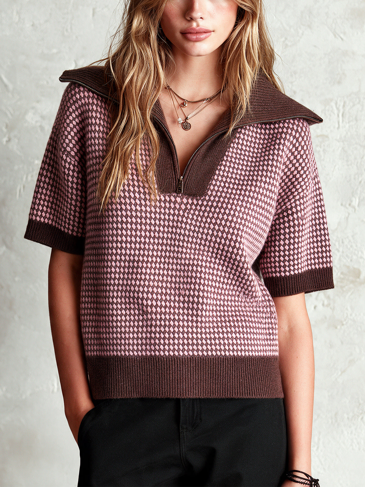 Chic Elegant Brown-Pink Colorblock Zipper-Up Lapel Collar Short-Sleeve Loose-Fit Wool Blend Knit Sweater