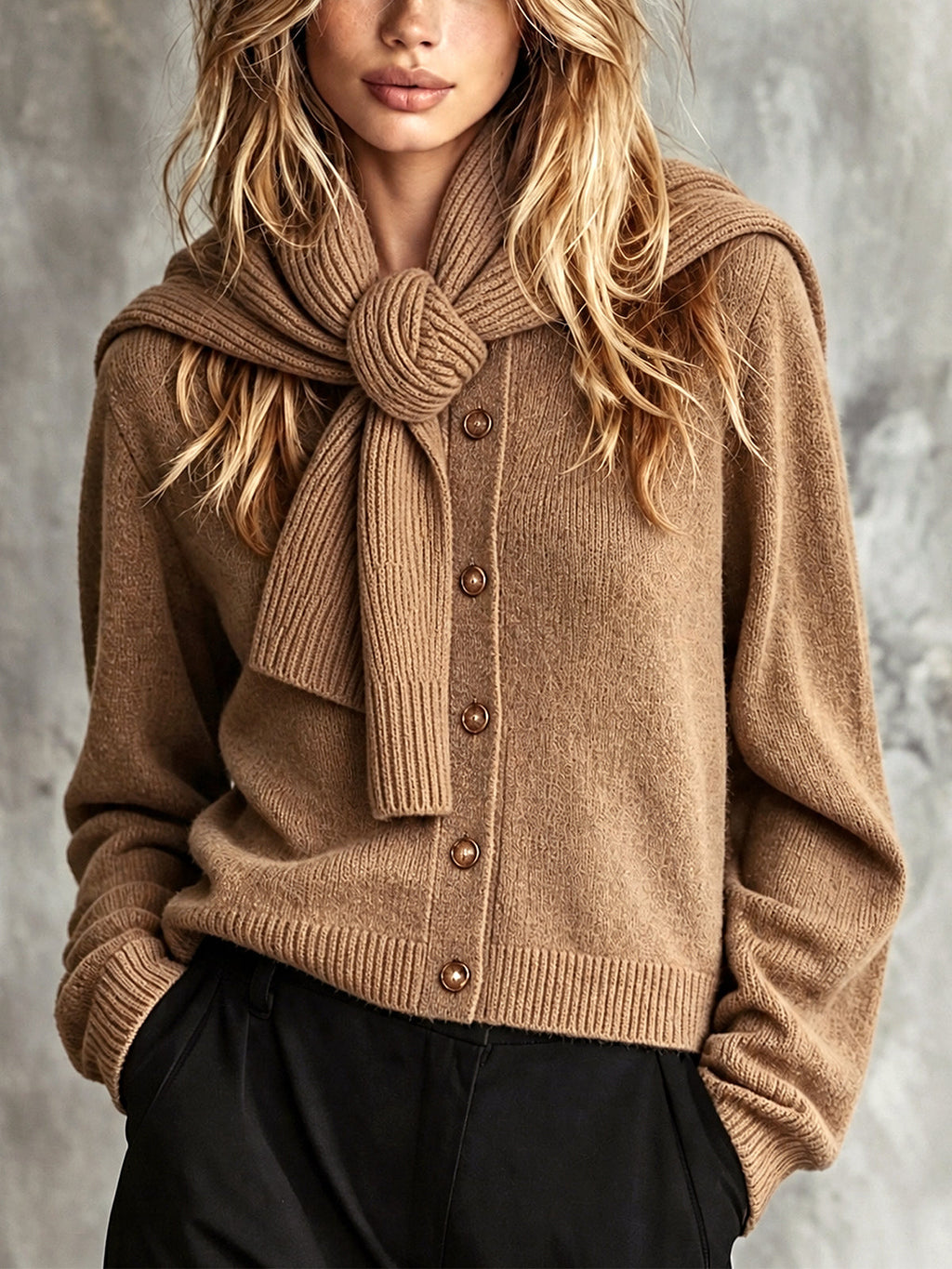 Chic Elegant Camel Round-Neck Long-Sleeve Single-Breasted Cardigan Detachable Cape Wool Blend Knit Two-Piece Set
