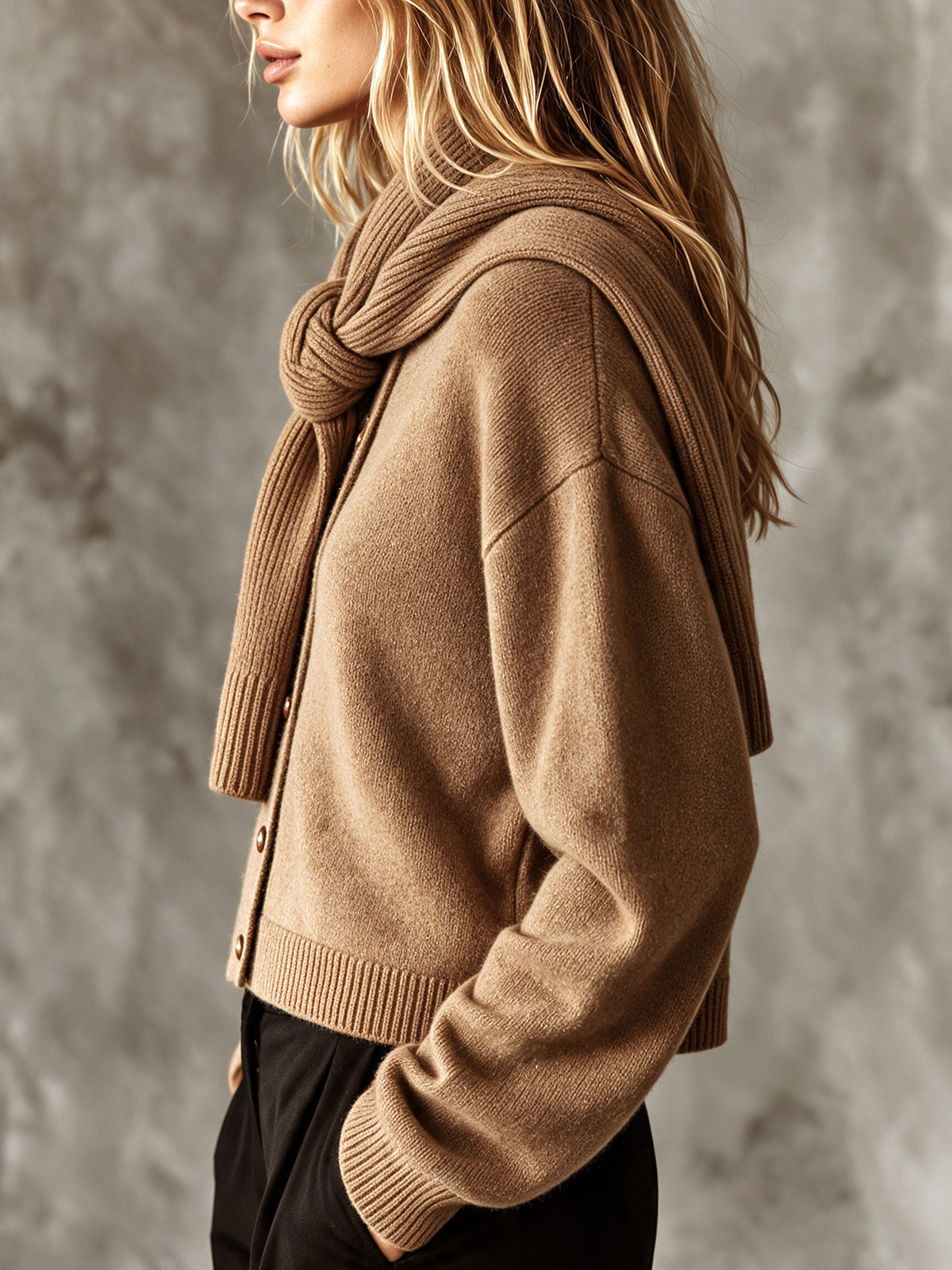 Chic Elegant Camel Round-Neck Long-Sleeve Single-Breasted Cardigan Detachable Cape Wool Blend Knit Two-Piece Set
