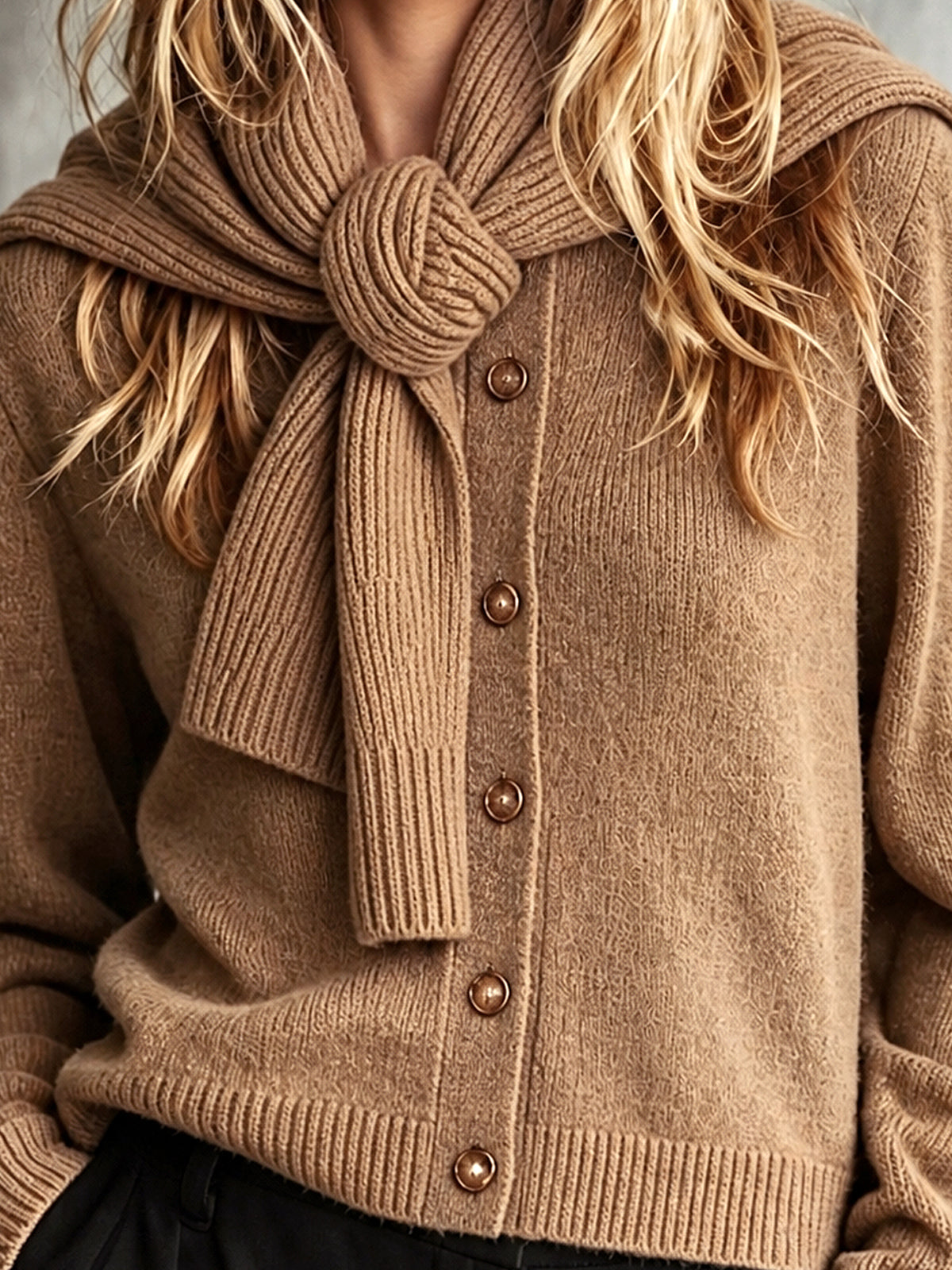 Chic Elegant Camel Round-Neck Long-Sleeve Single-Breasted Cardigan Detachable Cape Wool Blend Knit Two-Piece Set
