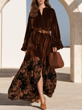 Vintage Ruffled Cuffs And Printed Hem Brown Velvet Maxi Dress