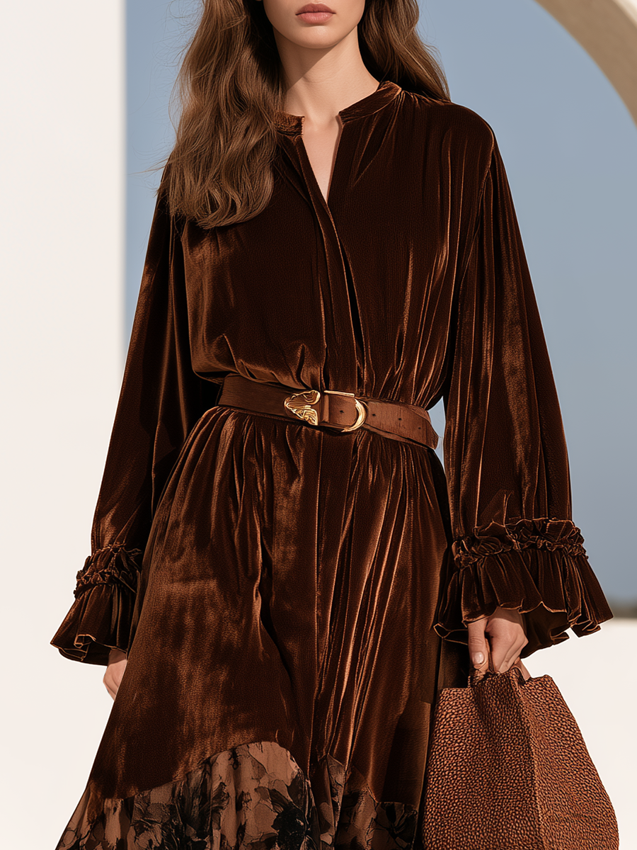 Vintage Ruffled Cuffs And Printed Hem Brown Velvet Maxi Dress