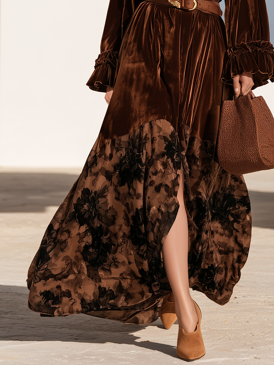 Vintage Ruffled Cuffs And Printed Hem Brown Velvet Maxi Dress