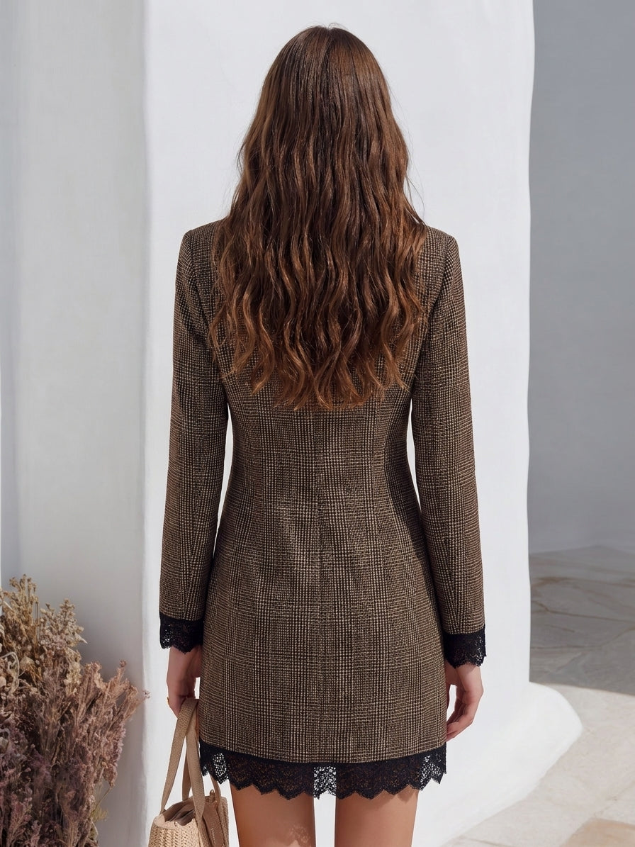 Vintage Brown Plaid Lace Trim Tailored Blazer Mini Dress