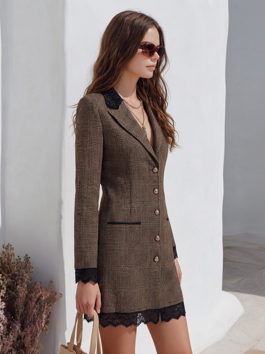 Vintage Brown Plaid Lace Trim Tailored Blazer Mini Dress