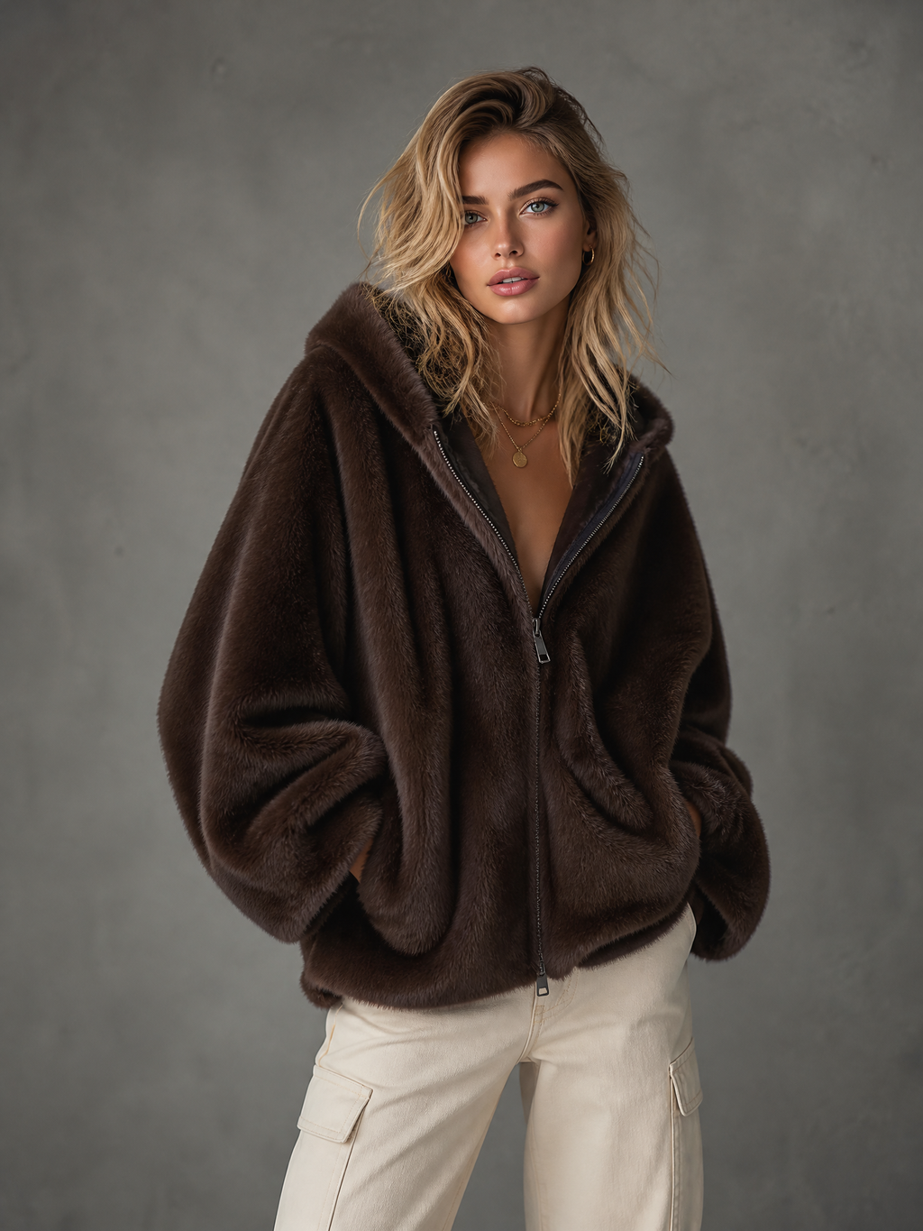 Chic Casual Dark Brown Hooded Collar Zip‑Up Dropped-Shoulder Long-Sleeve Loose-Fit Faux Mink Fur Jacket