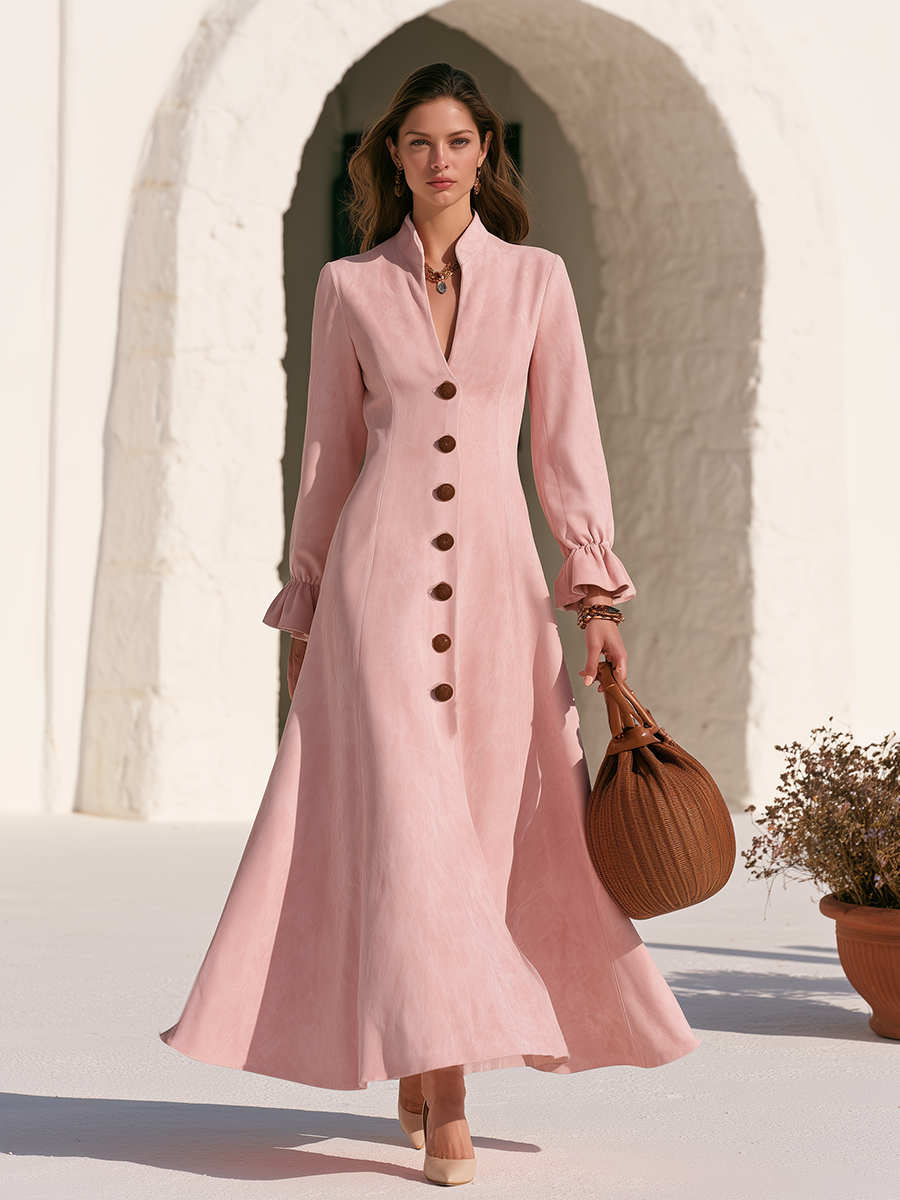 Vintage-style Elegant Stand-collar Ruffled Cuffs Pink Faux Suede Maxi Dress