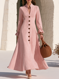 Vintage-style Elegant Stand-collar Ruffled Cuffs Pink Faux Suede Maxi Dress