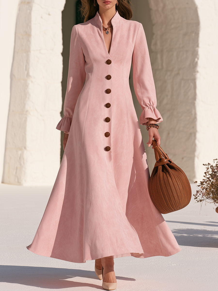 Vintage-style Elegant Stand-collar Ruffled Cuffs Pink Faux Suede Maxi Dress