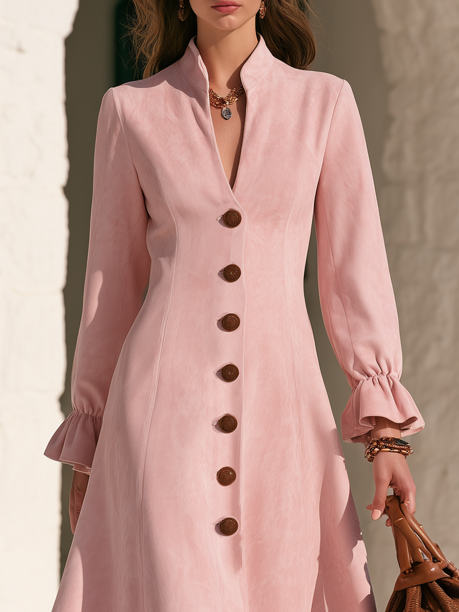 Vintage-style Elegant Stand-collar Ruffled Cuffs Pink Faux Suede Maxi Dress