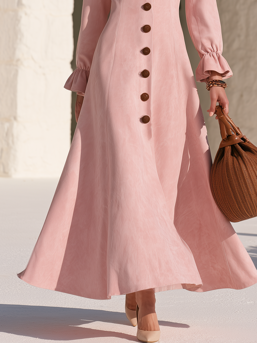 Vintage-style Elegant Stand-collar Ruffled Cuffs Pink Faux Suede Maxi Dress
