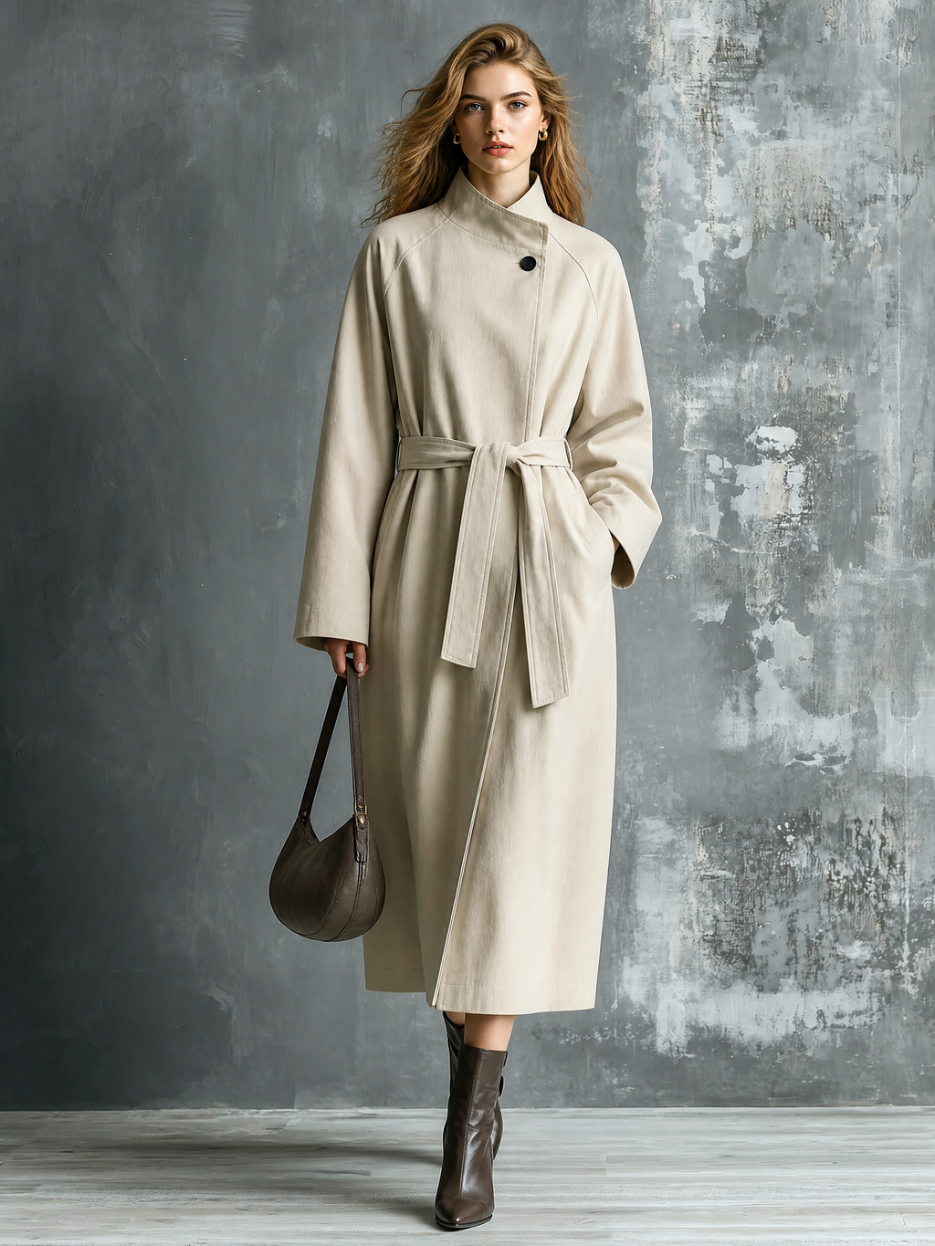 Chic Casual Oat Beige Stand Collar Raglan‑Sleeve Button-Up Detail Tie Belt Loose-Fit Cotton Twill Wrap Coat