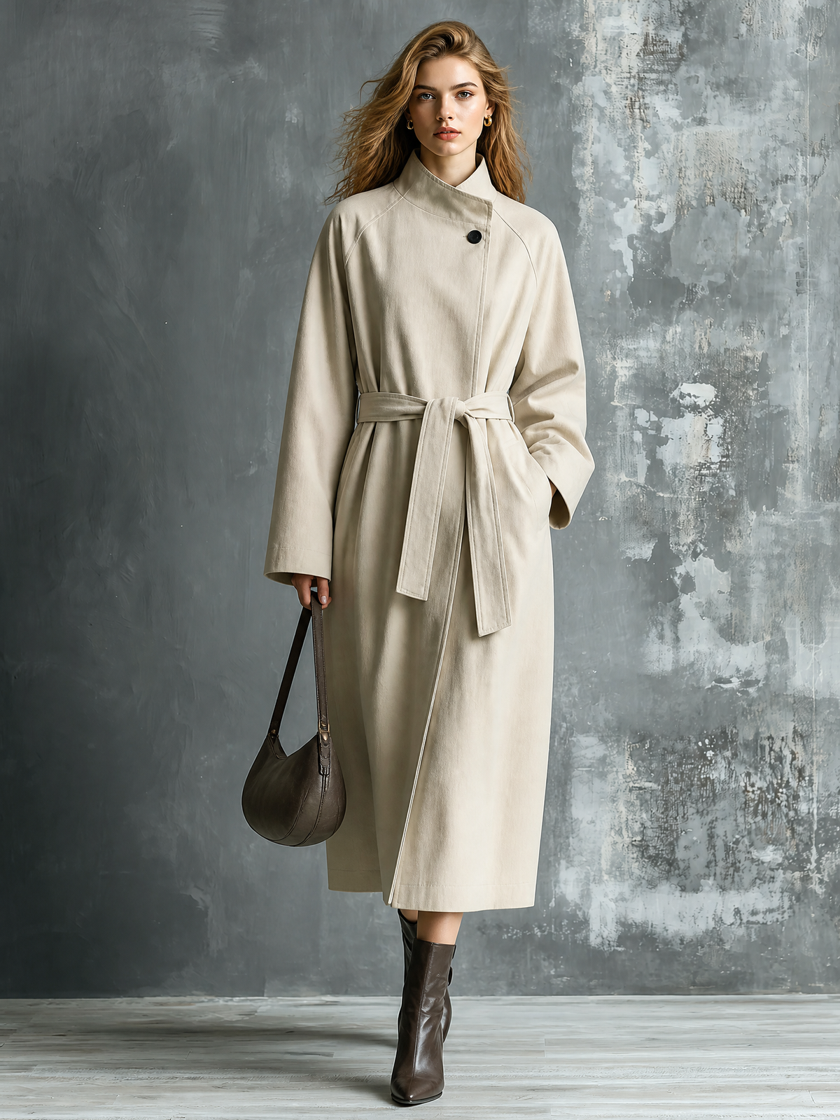 Chic Casual Oat Beige Stand Collar Raglan‑Sleeve Button-Up Detail Tie Belt Loose-Fit Cotton Twill Wrap Coat