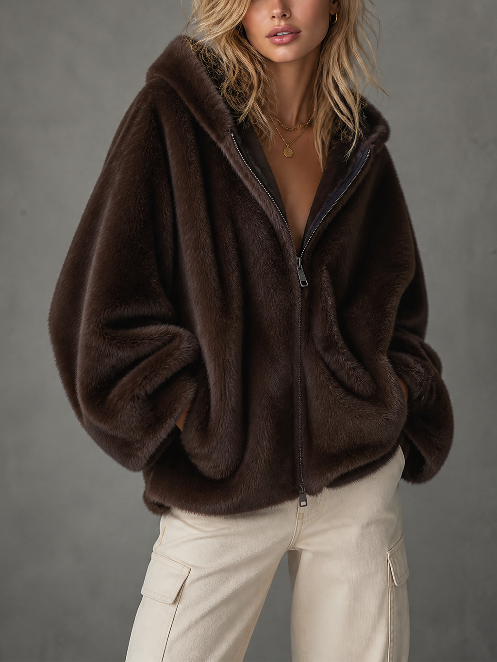 Chic Casual Dark Brown Hooded Collar Zip‑Up Dropped-Shoulder Long-Sleeve Loose-Fit Faux Mink Fur Jacket