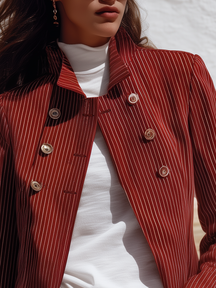 Retro Stand Collar Double-breasted Striped Jacket