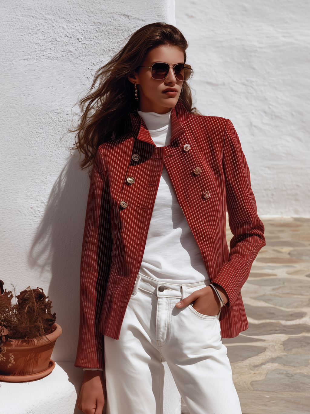 Retro Stand Collar Double-breasted Striped Jacket