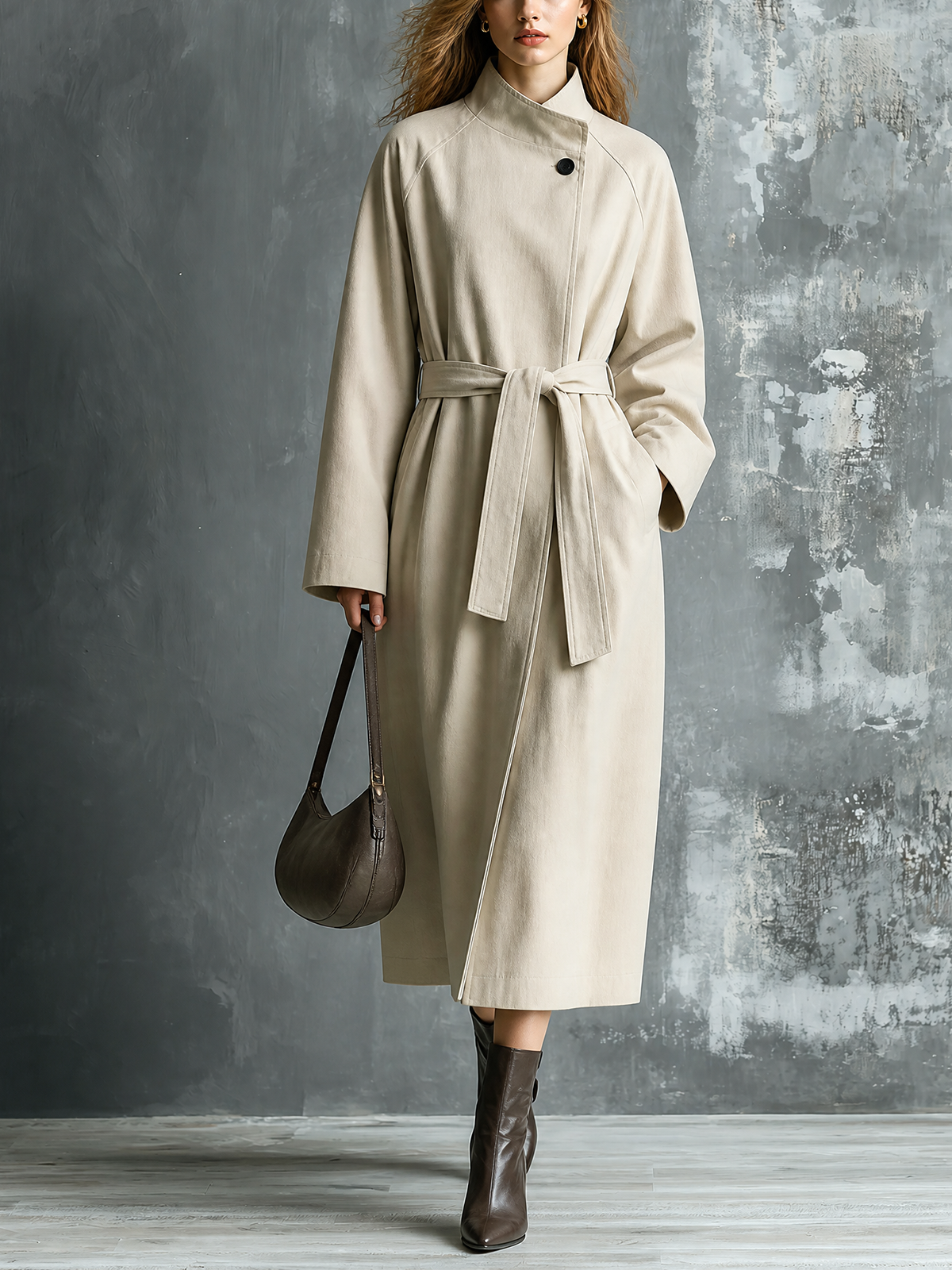 Chic Casual Oat Beige Stand Collar Raglan‑Sleeve Button-Up Detail Tie Belt Loose-Fit Cotton Twill Wrap Coat