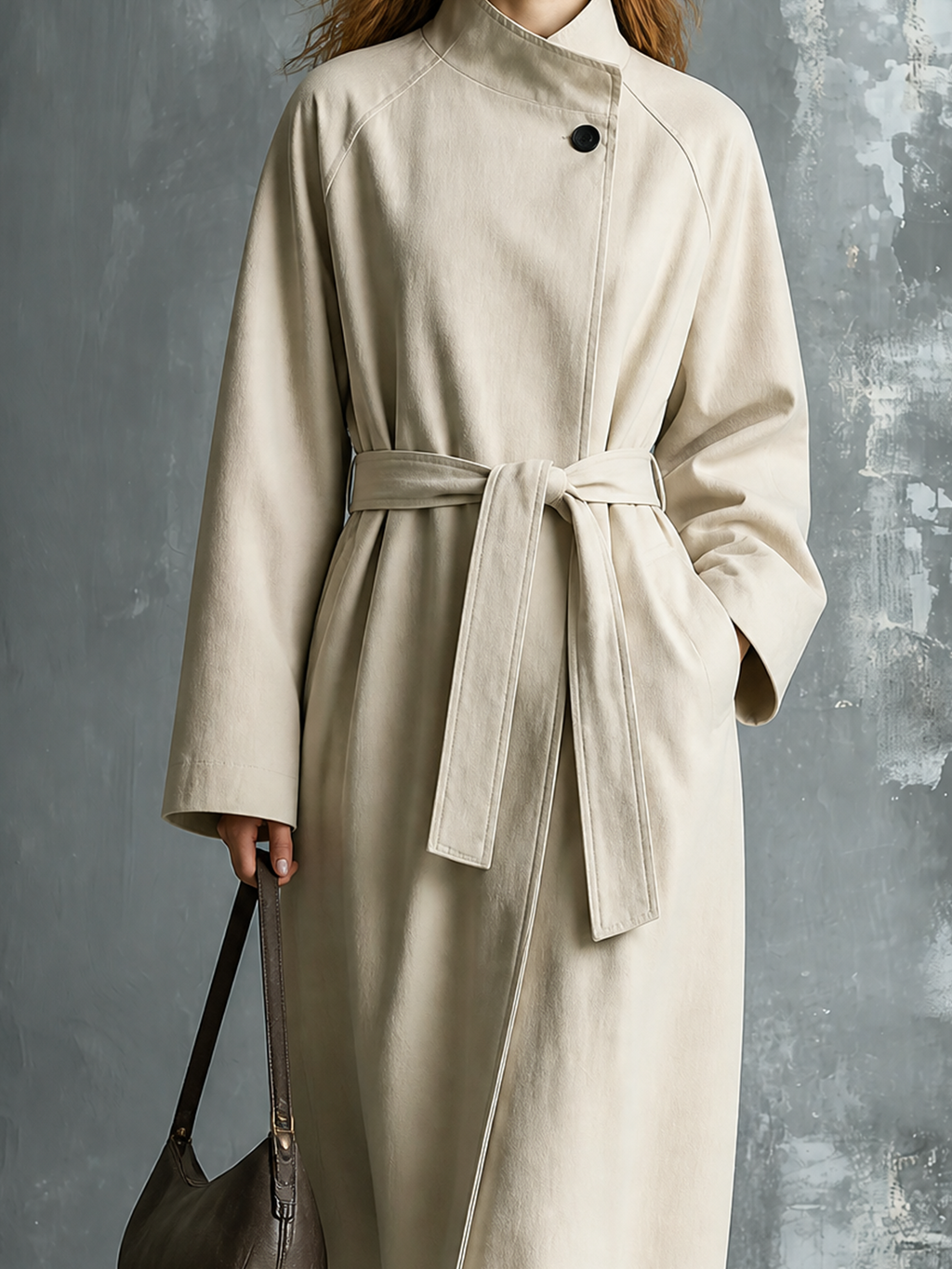 Chic Casual Oat Beige Stand Collar Raglan‑Sleeve Button-Up Detail Tie Belt Loose-Fit Cotton Twill Wrap Coat