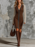 Chic Elegant Brown-Oatmeal Colorblock V-Neck Single-Breaste Raglan Long-Sleeve Slim-Fit Cable Knit Midi Dress