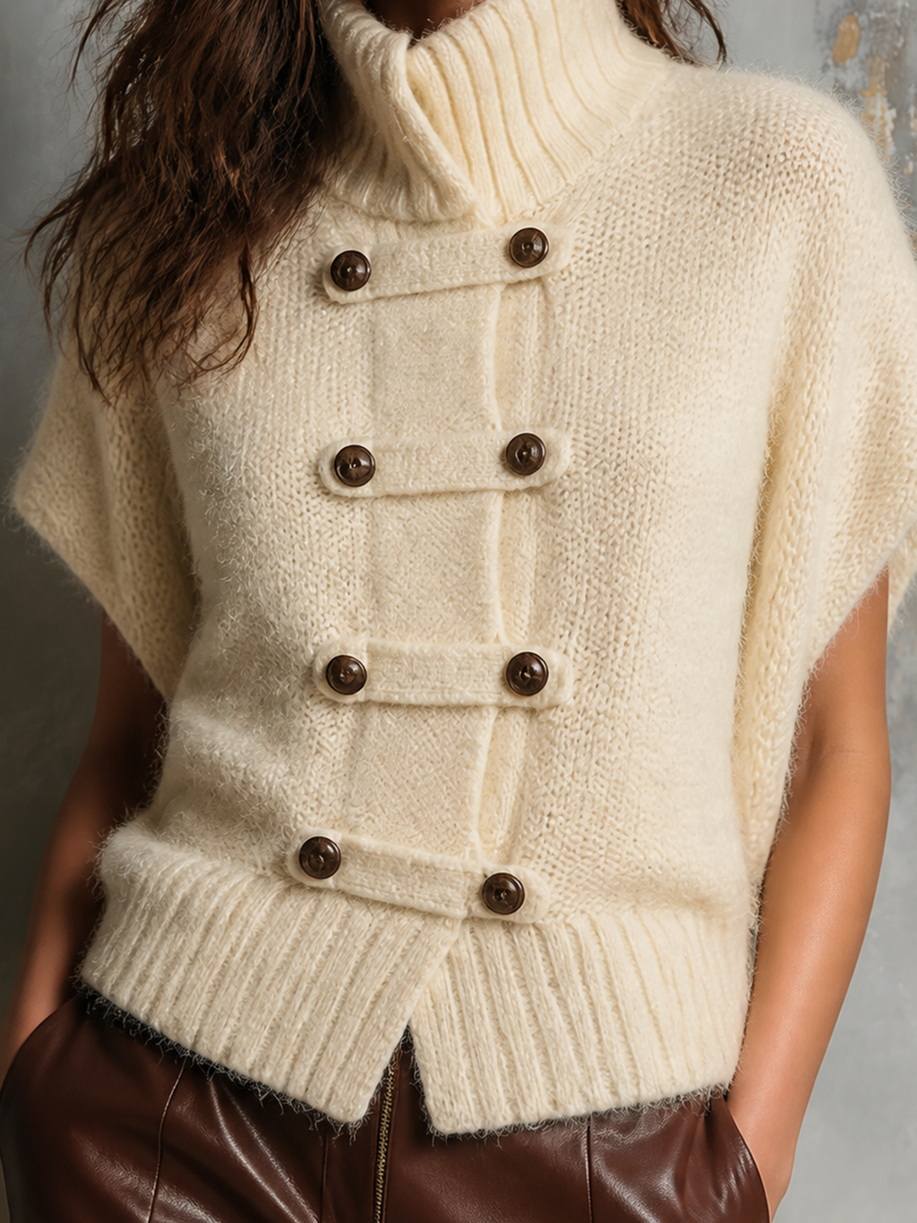 Chic Elegant Off‑White Stand Collar Button-Up Batwing Short‑Sleeve Loose-Fit Fuzzy Knit Cardigan Top