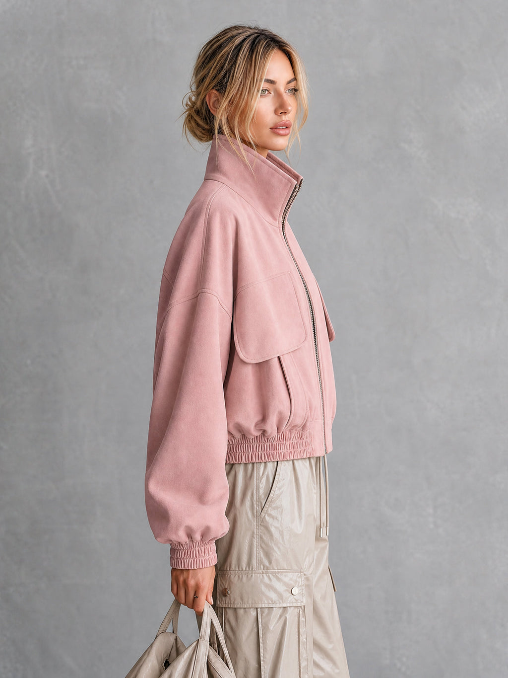 Chic Casual Pink Cotton Blend Stand Collar Zipper-Front Long-Sleeve Flap Pockets Loose-Fit Bomber Jacket
