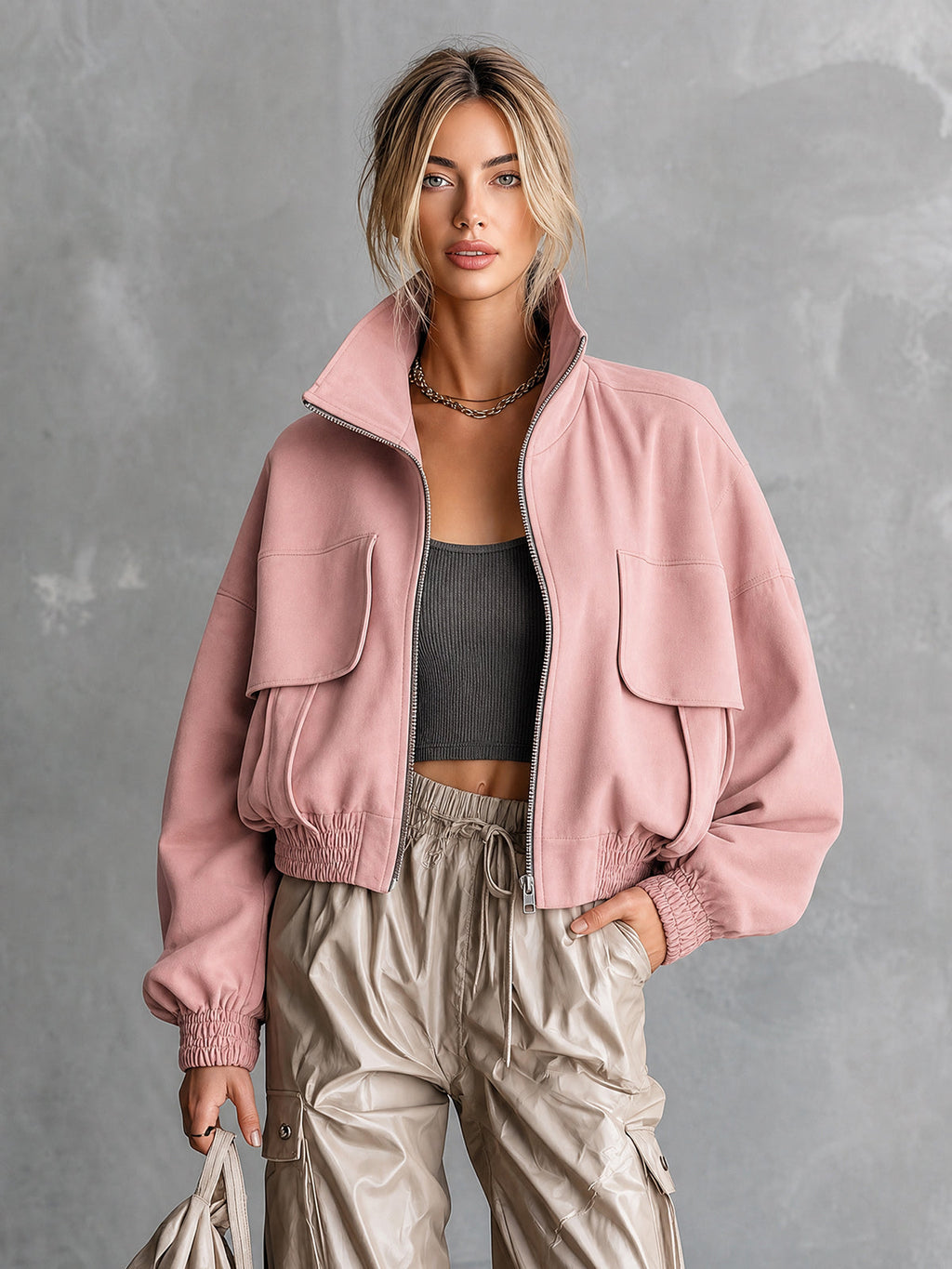Chic Casual Pink Cotton Blend Stand Collar Zipper-Front Long-Sleeve Flap Pockets Loose-Fit Bomber Jacket