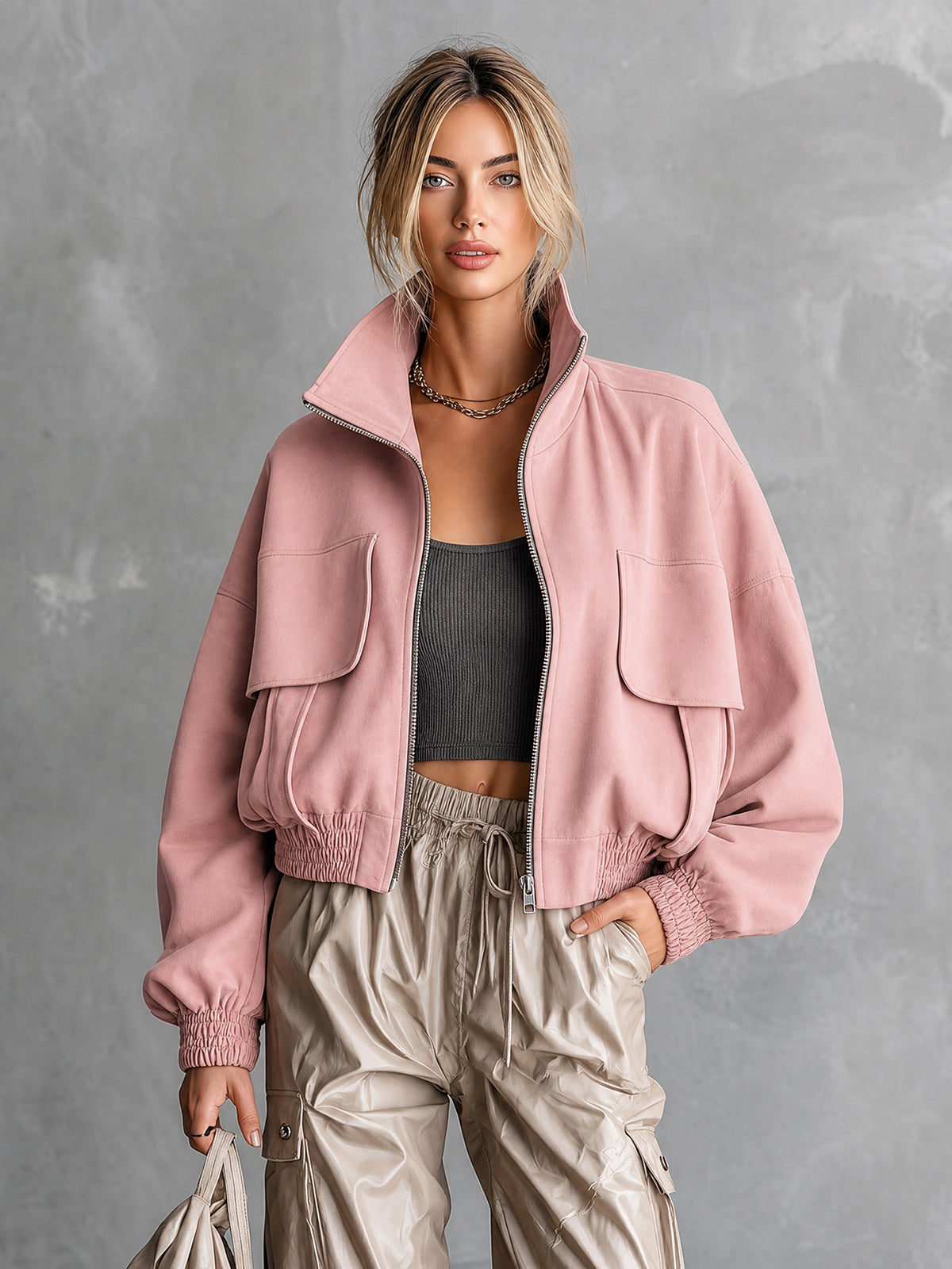 Chic Casual Pink Cotton Blend Stand Collar Zipper-Front Long-Sleeve Flap Pockets Loose-Fit Bomber Jacket