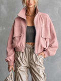 Chic Casual Pink Cotton Blend Stand Collar Zipper-Front Long-Sleeve Flap Pockets Loose-Fit Bomber Jacket