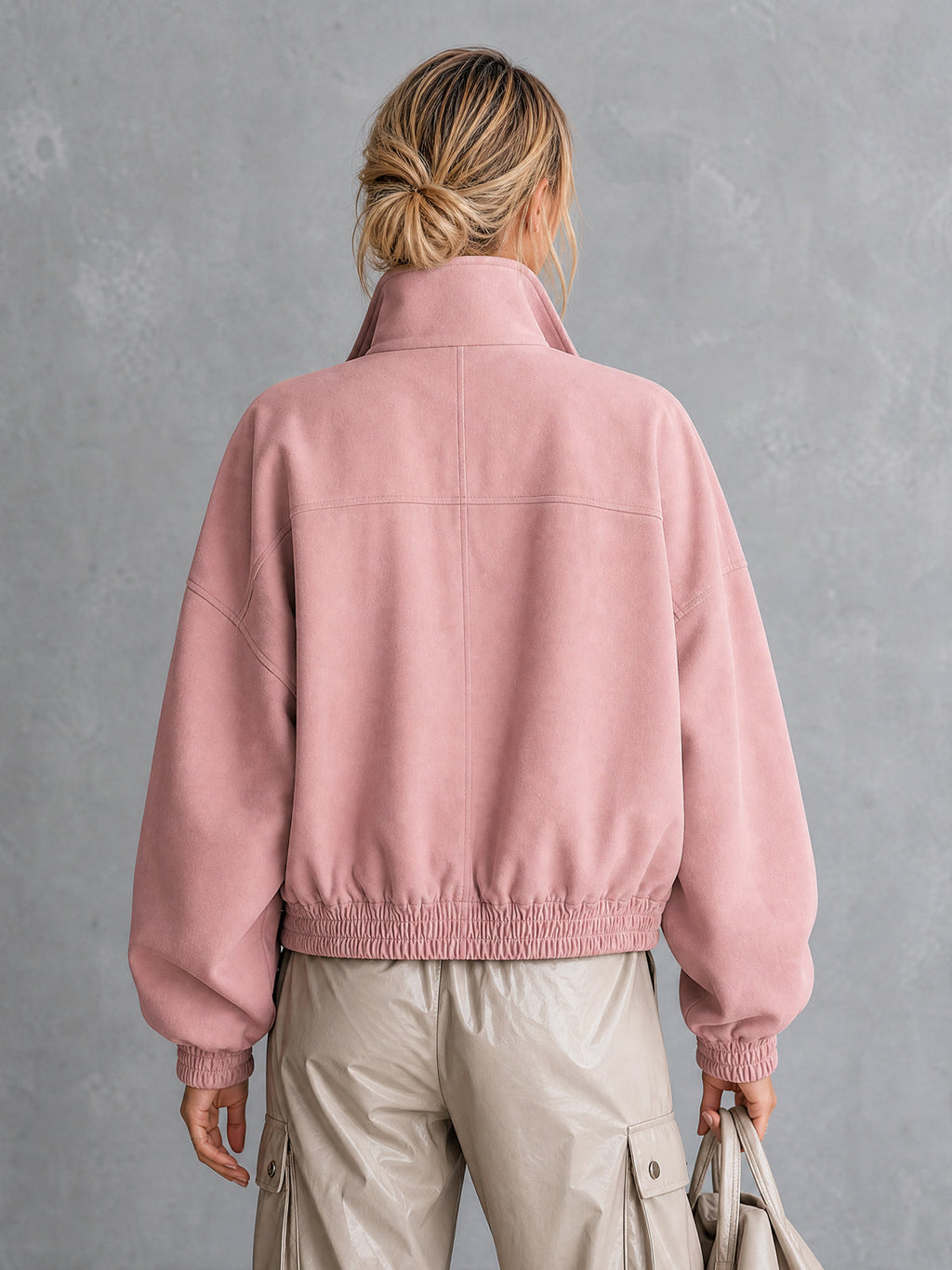 Chic Casual Pink Cotton Blend Stand Collar Zipper-Front Long-Sleeve Flap Pockets Loose-Fit Bomber Jacket