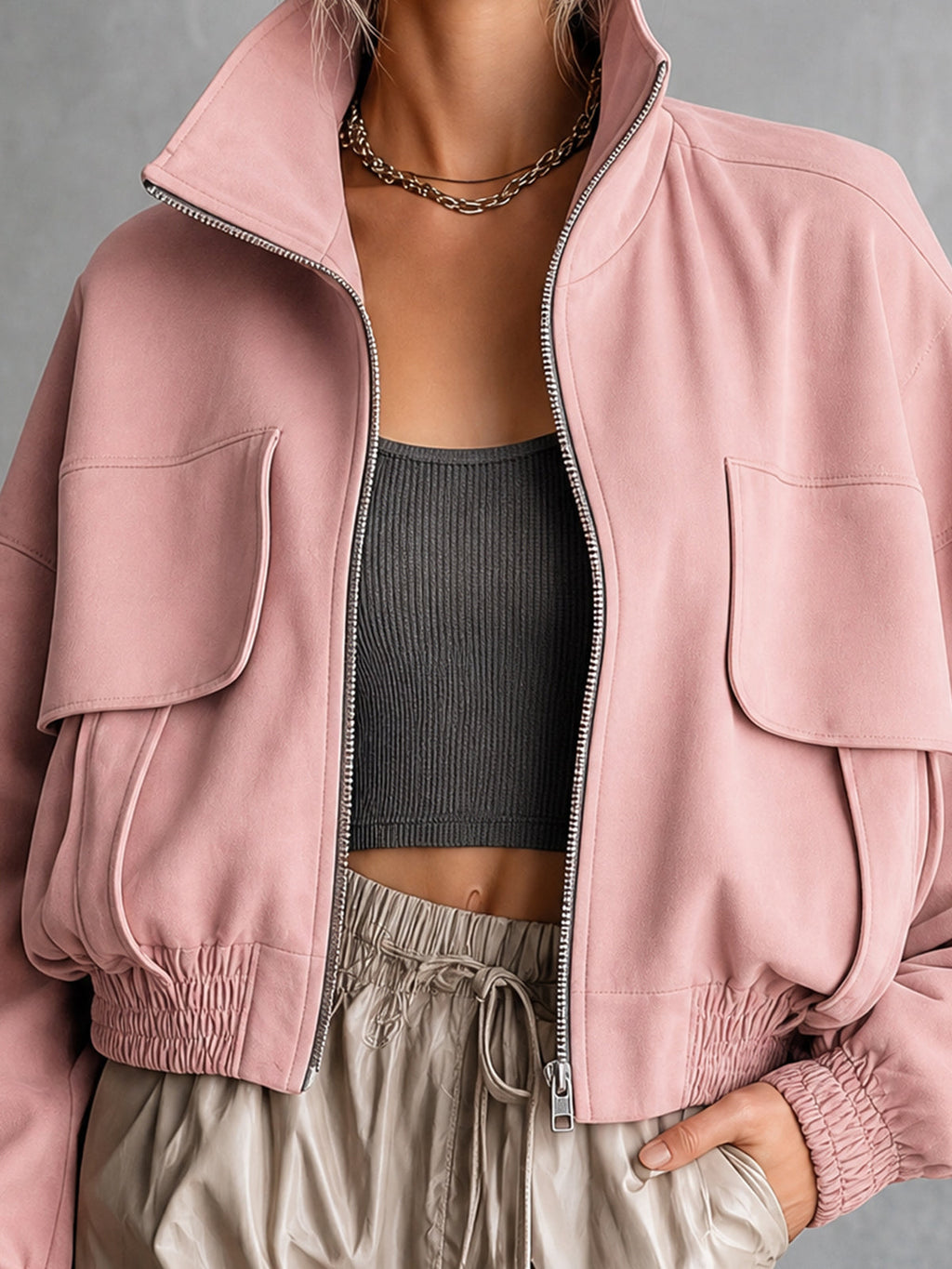Chic Casual Pink Cotton Blend Stand Collar Zipper-Front Long-Sleeve Flap Pockets Loose-Fit Bomber Jacket