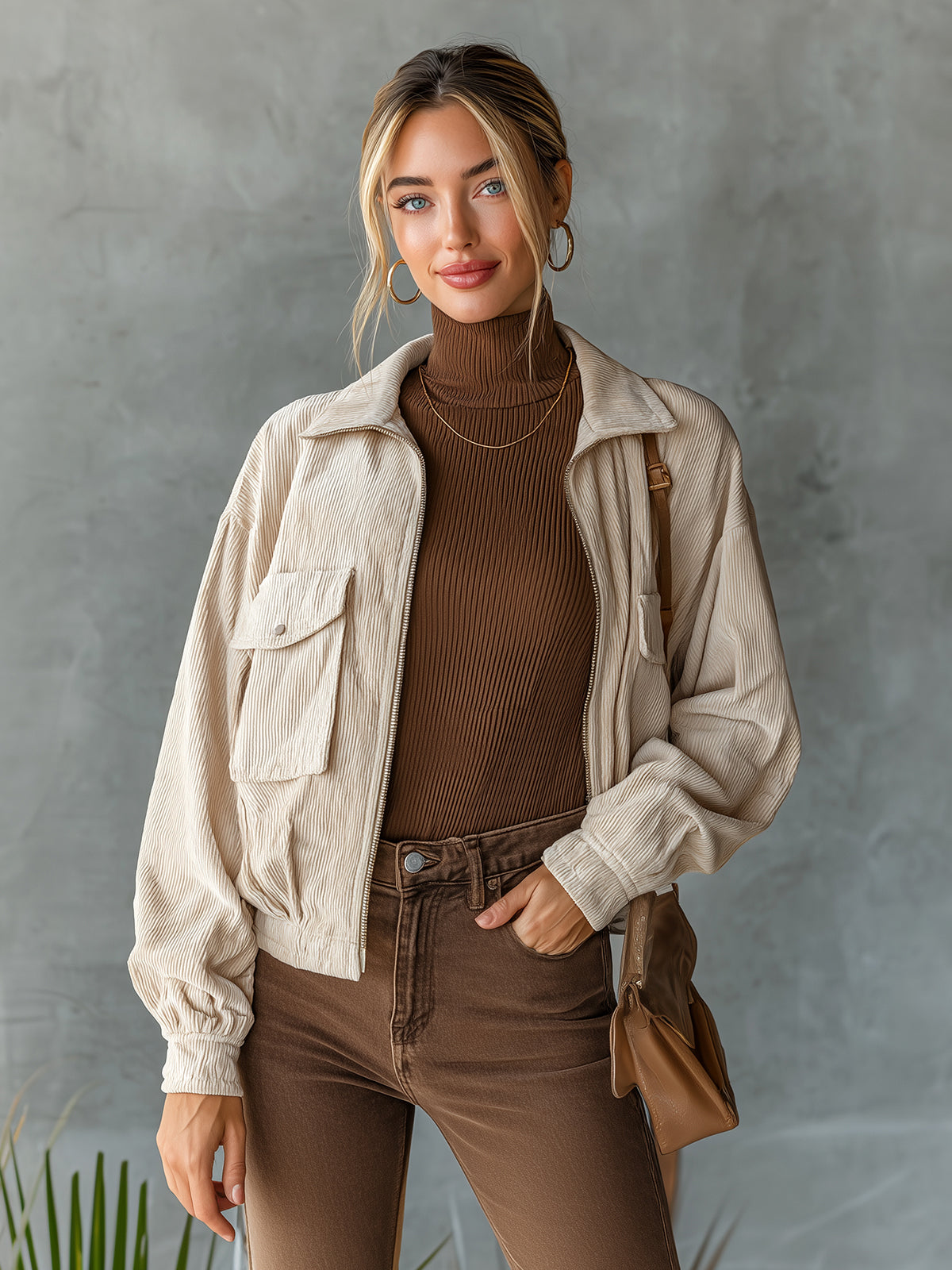 Chic Casual Beige Corduroy Lapel Collar Zipper-Front Long-Sleeve Flap Pockets Loose-Fit Cropped Jacket