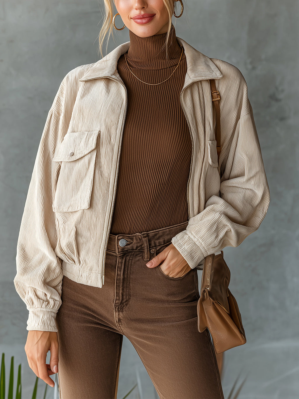 Chic Casual Beige Corduroy Lapel Collar Zipper-Front Long-Sleeve Flap Pockets Loose-Fit Cropped Jacket