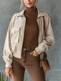 Chic Casual Beige Corduroy Lapel Collar Zipper-Front Long-Sleeve Flap Pockets Loose-Fit Cropped Jacket