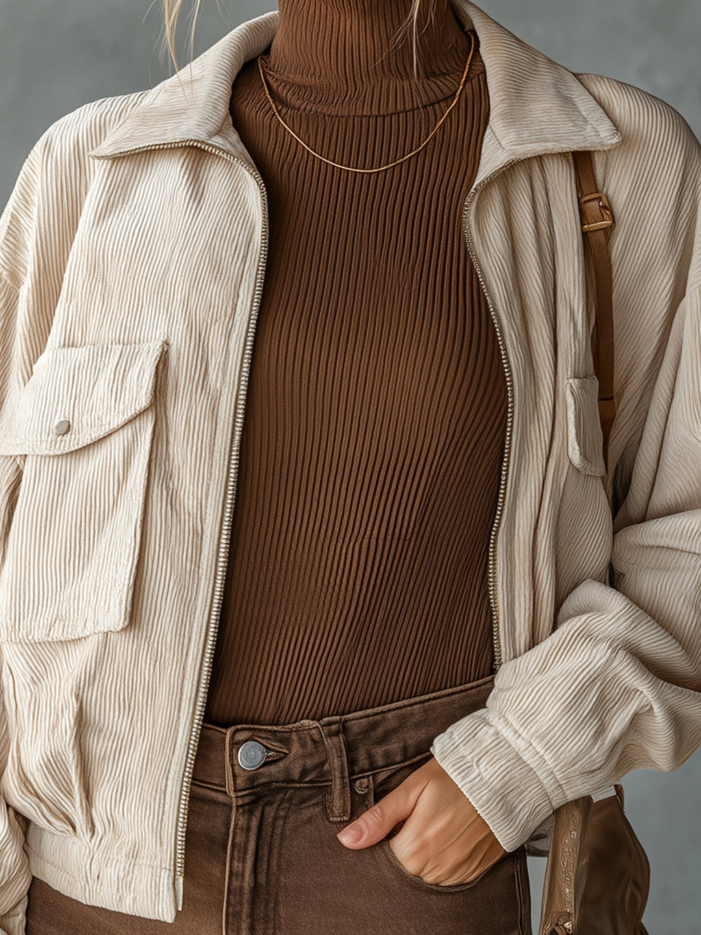 Chic Casual Beige Corduroy Lapel Collar Zipper-Front Long-Sleeve Flap Pockets Loose-Fit Cropped Jacket