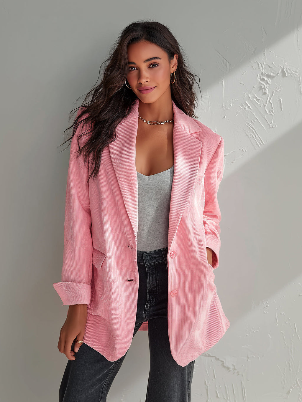 Chic Casual Pink Corduroy Notched Collar Single-Breasted Long-Sleeve Flap Pockets Loose-Fit Blazer