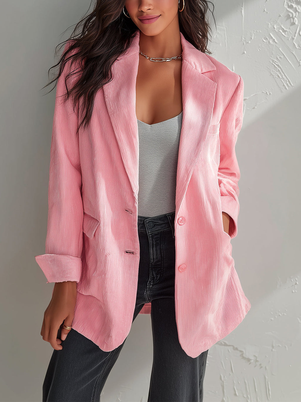 Chic Casual Pink Corduroy Notched Collar Single-Breasted Long-Sleeve Flap Pockets Loose-Fit Blazer