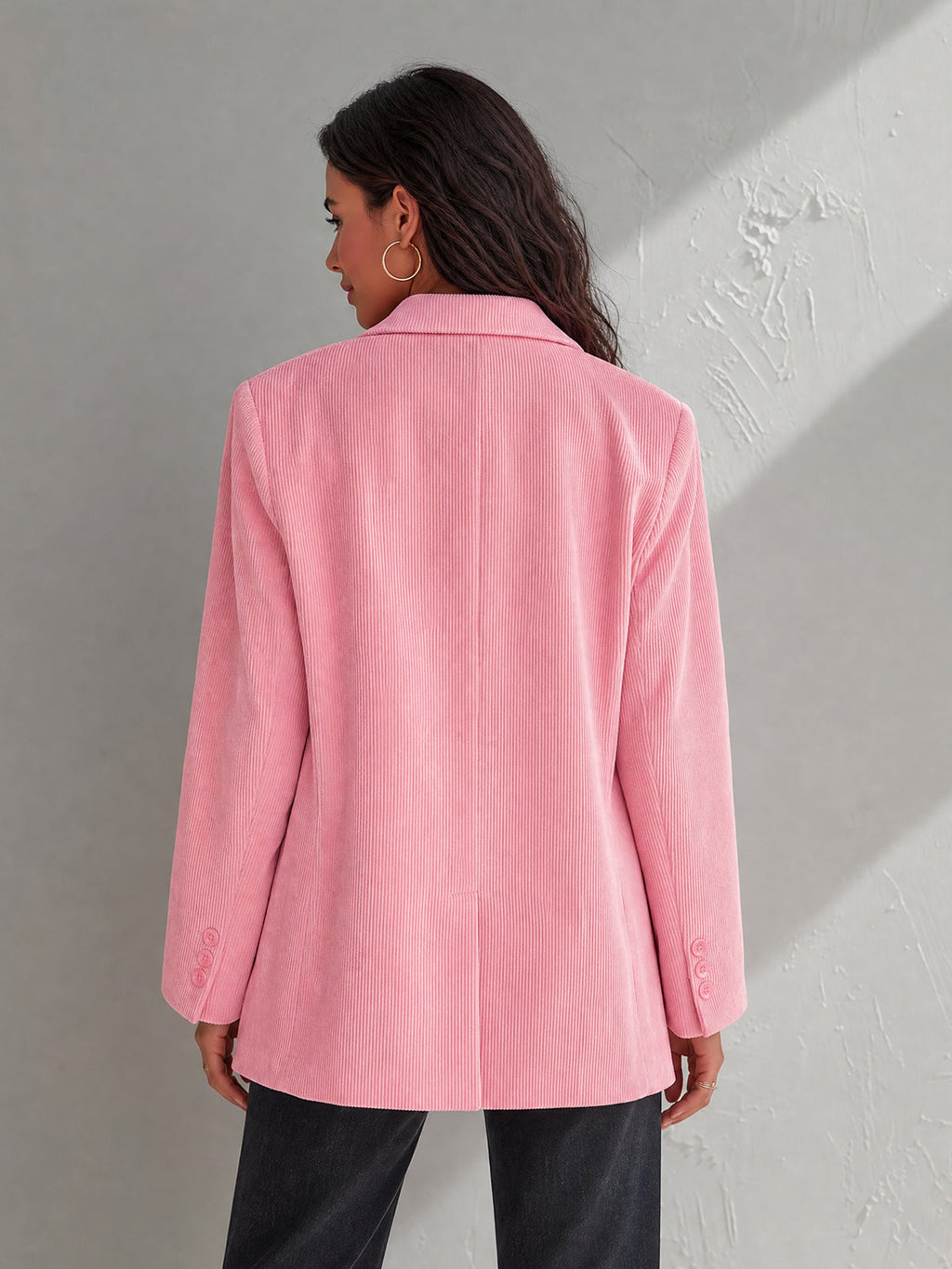 Chic Casual Pink Corduroy Notched Collar Single-Breasted Long-Sleeve Flap Pockets Loose-Fit Blazer