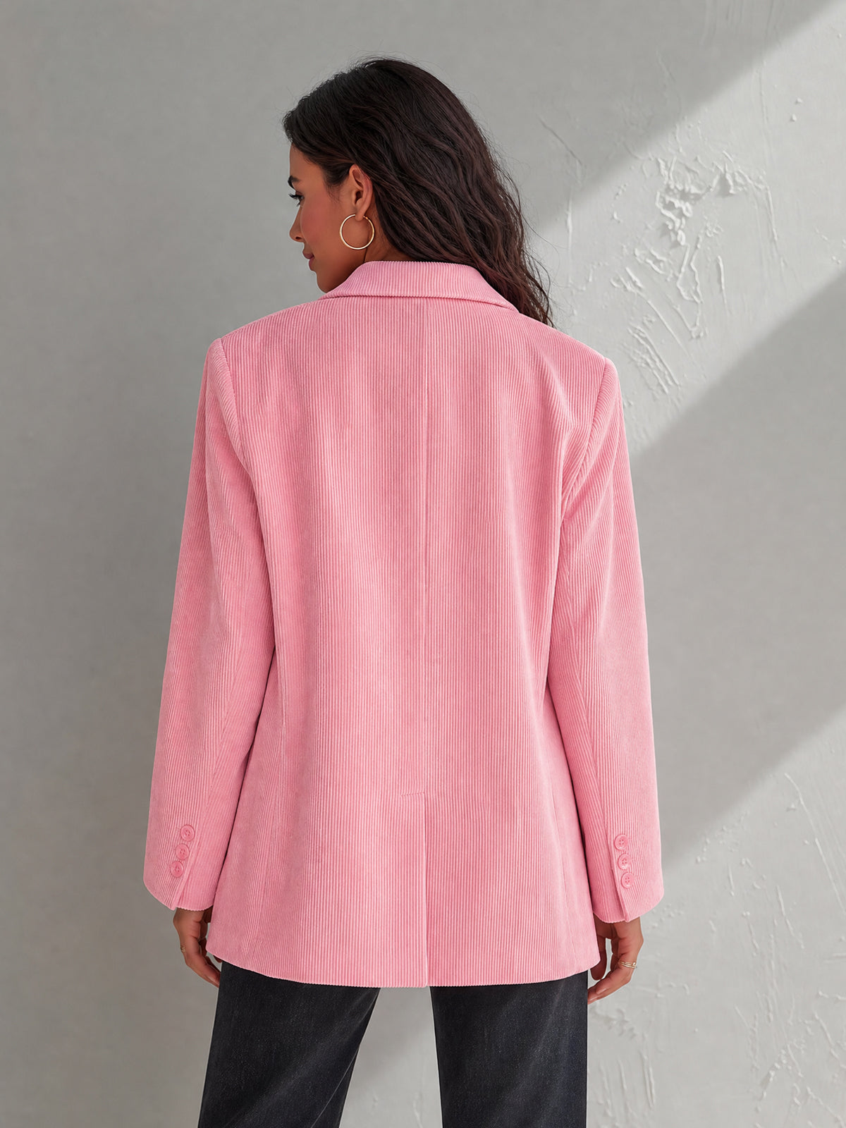 Chic Casual Pink Corduroy Notched Collar Single-Breasted Long-Sleeve Flap Pockets Loose-Fit Blazer