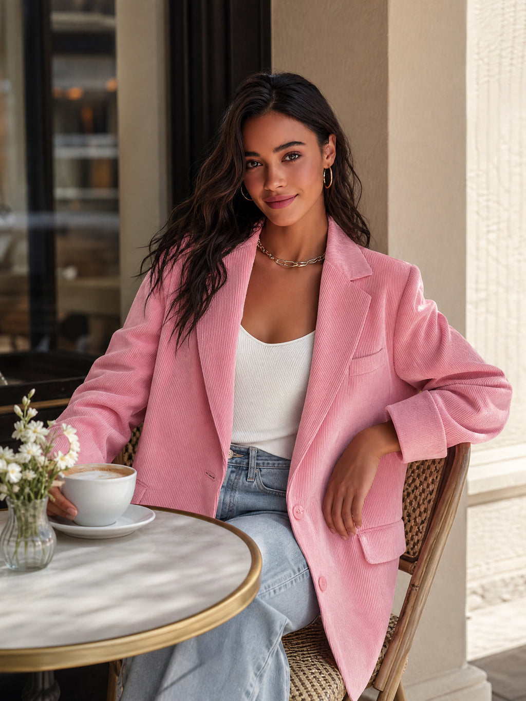 Chic Casual Pink Corduroy Notched Collar Single-Breasted Long-Sleeve Flap Pockets Loose-Fit Blazer