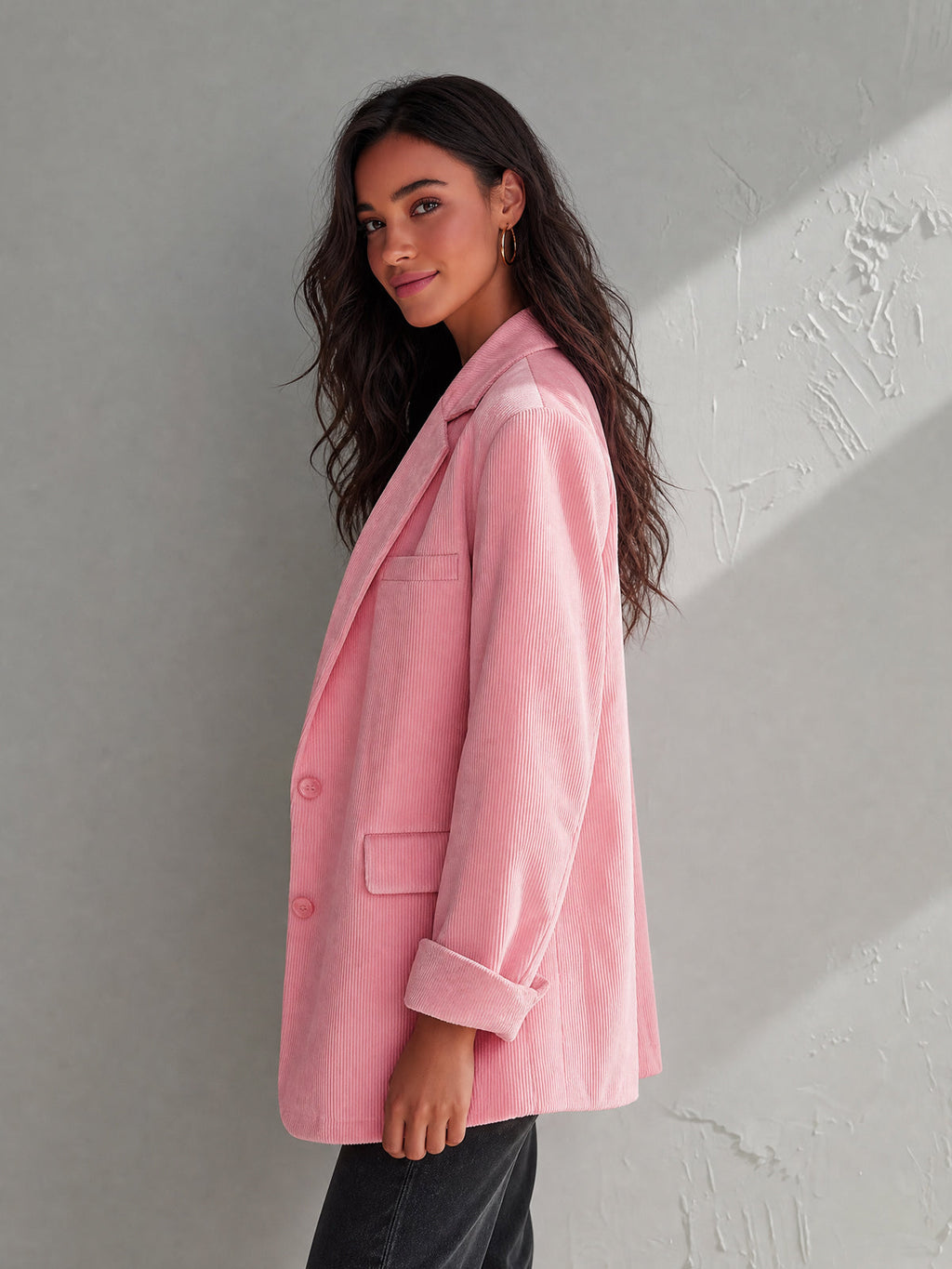 Chic Casual Pink Corduroy Notched Collar Single-Breasted Long-Sleeve Flap Pockets Loose-Fit Blazer